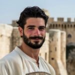 arafed man with a beard and a mustache standing in front of a castle